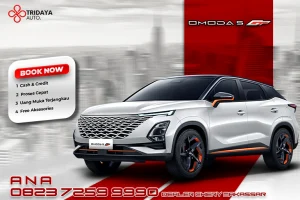 Tampilan depan Chery AMODA 5 GT dengan grille agresif, lampu LED tajam, dan velg alloy berdesain futuristik yang menonjolkan karakter sporty mobil.