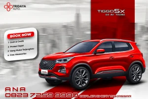 Tampilan depan Chery TIGGO 5X dengan grille agresif, lampu LED tajam, dan velg alloy modern yang mencerminkan desain sporty dan dinamis.