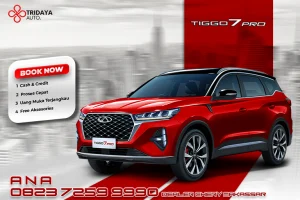 Tampilan depan Chery TIGGO 7 PRO dengan grille agresif, lampu depan LED tajam, dan velg alloy modern, mencerminkan desain SUV premium yang sporty dan elegan