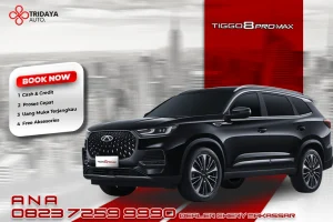 Tampilan depan Chery TIGGO 8 PROMAX dengan grille Matrix Diamond, lampu LED otomatis, dan velg alloy berdesain futuristik yang menonjolkan kesan premium dan sporty